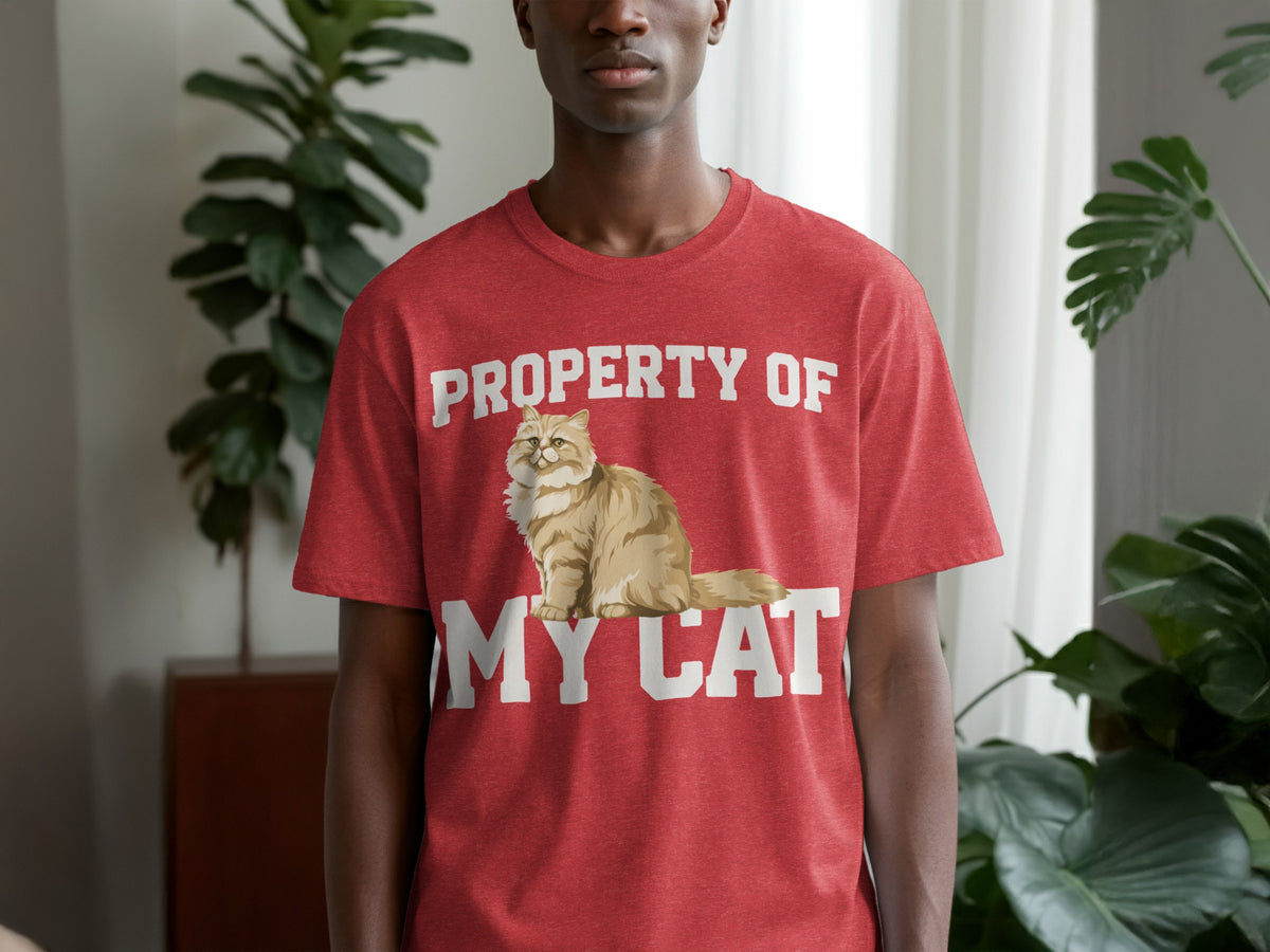 Red t-shirt with "PROPERTY OF MY CAT" text and fluffy cat graphic.