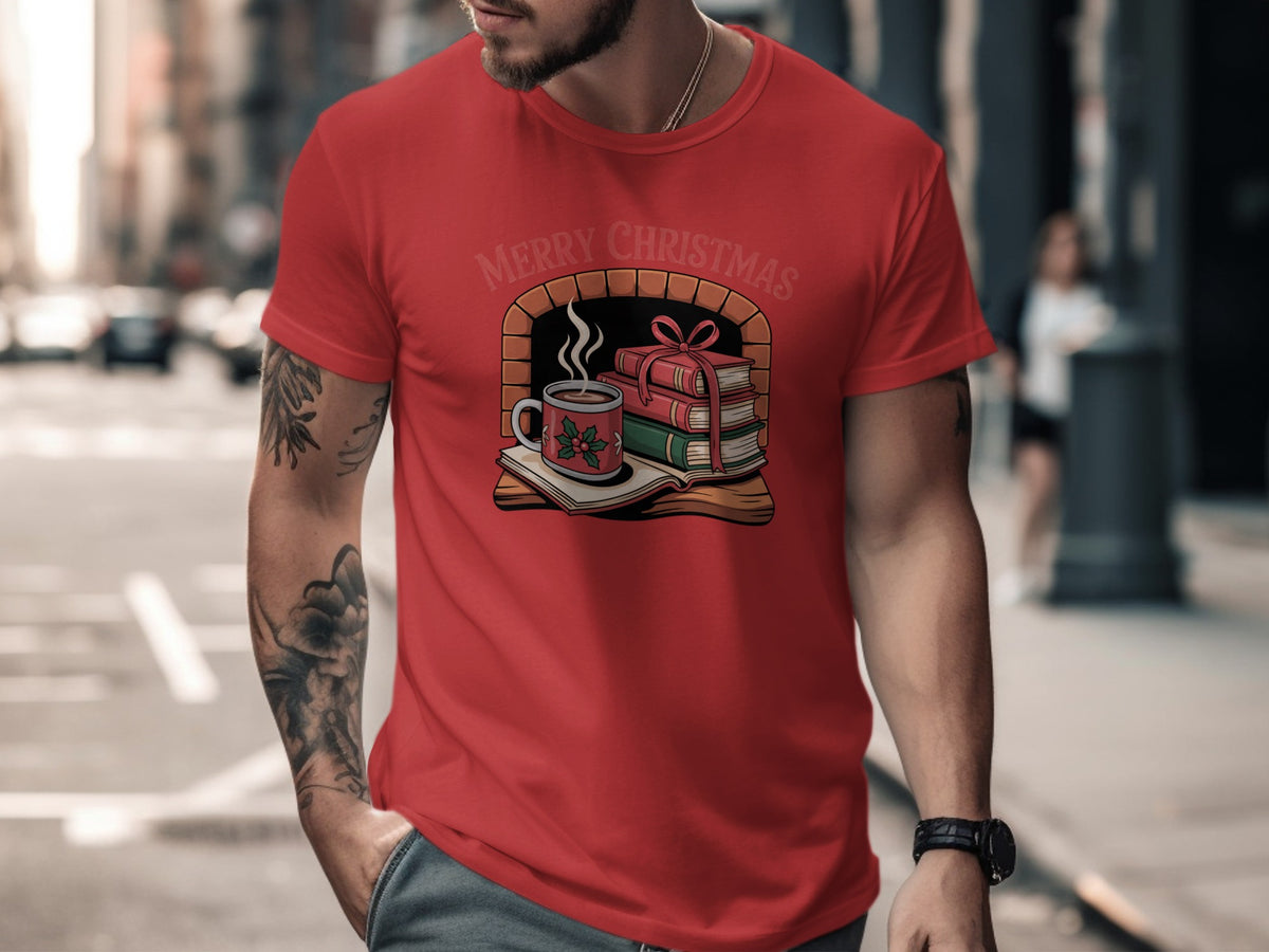 Red t-shirt with "Merry Christmas" text, fireplace, coffee mug, and stacked books graphic.
