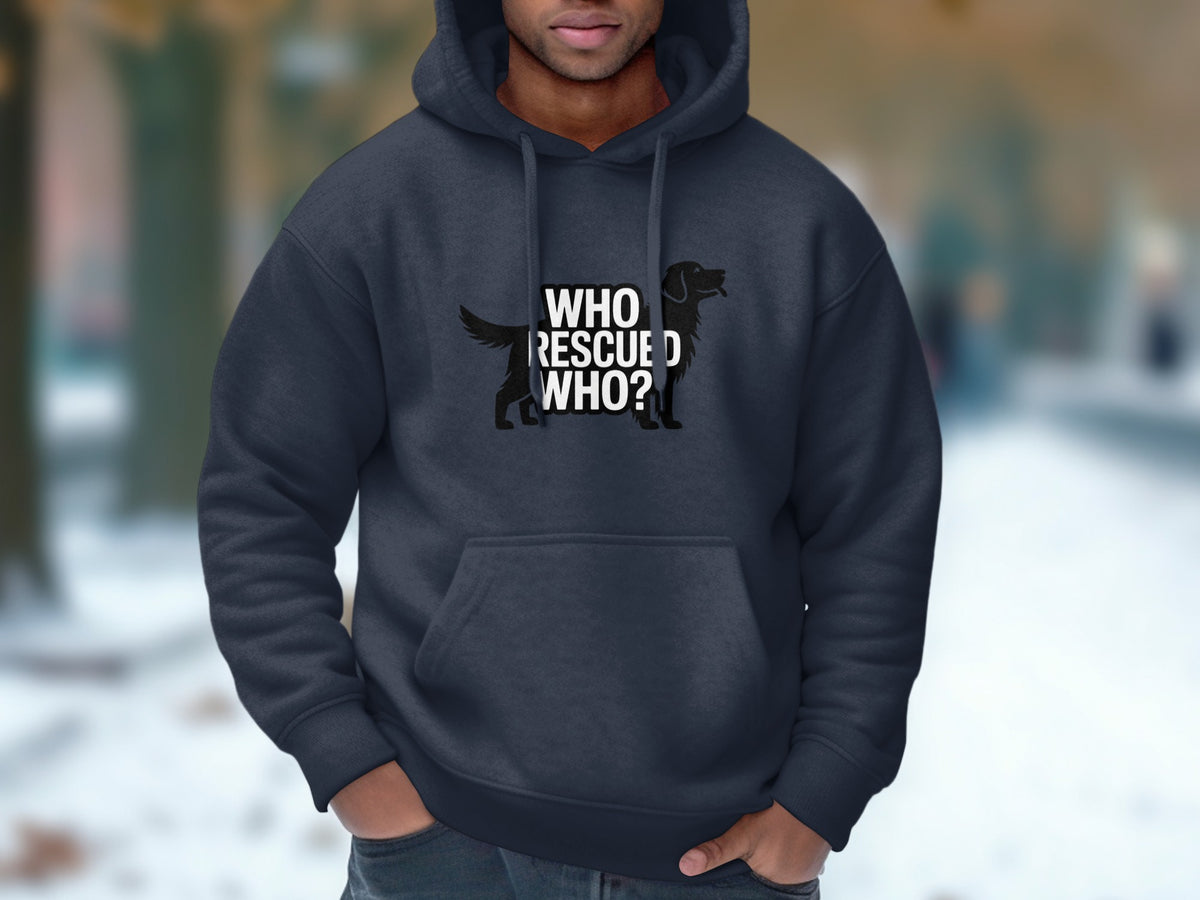 Dark grey hoodie with text "WHO RESCUED WHO?" and a dog silhouette.