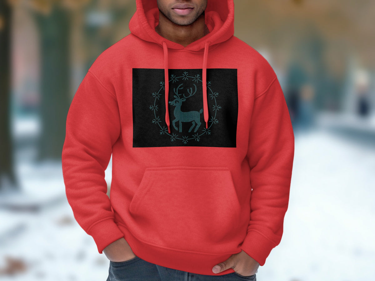 Red hoodie with a black square featuring a reindeer and snowflakes graphic.