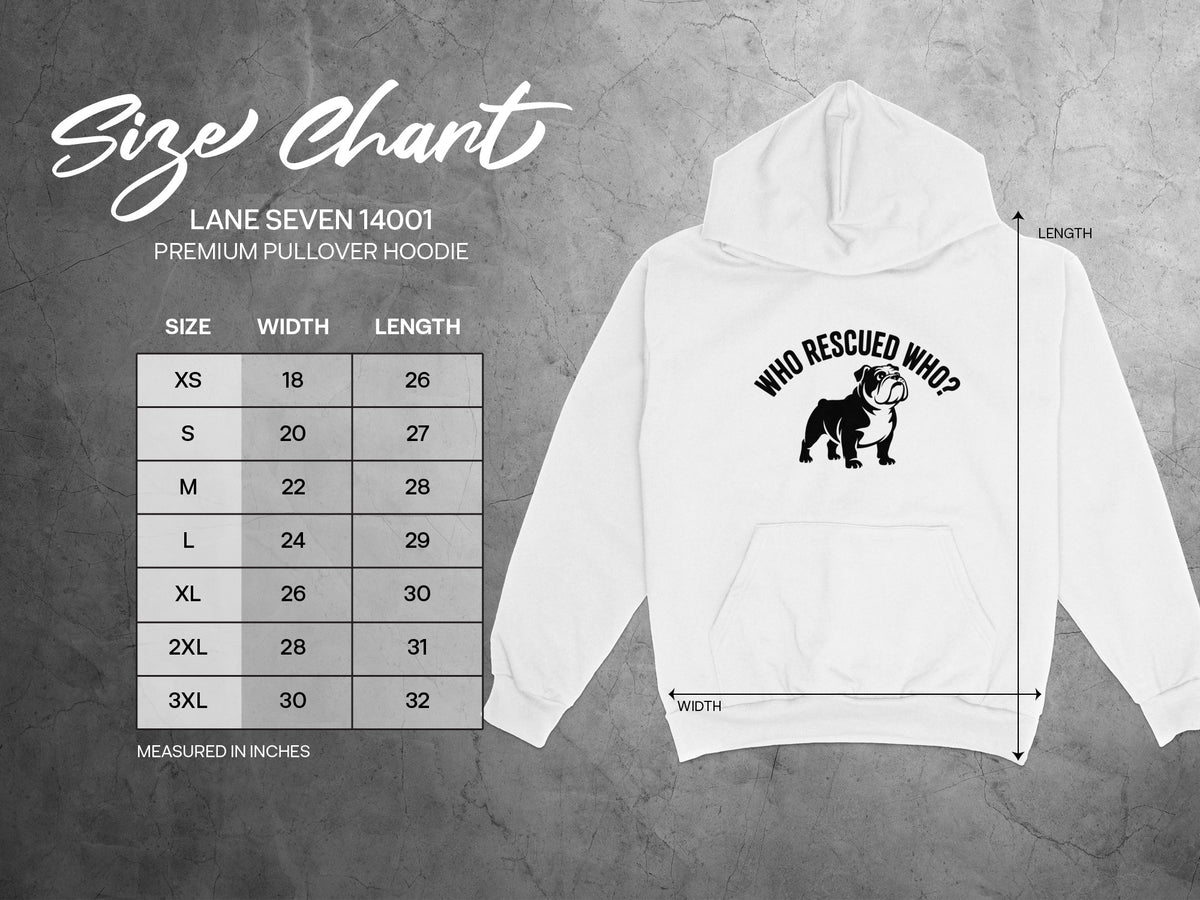 Lane Seven 14001 pullover hoodie size chart with measurements and bulldog graphic.