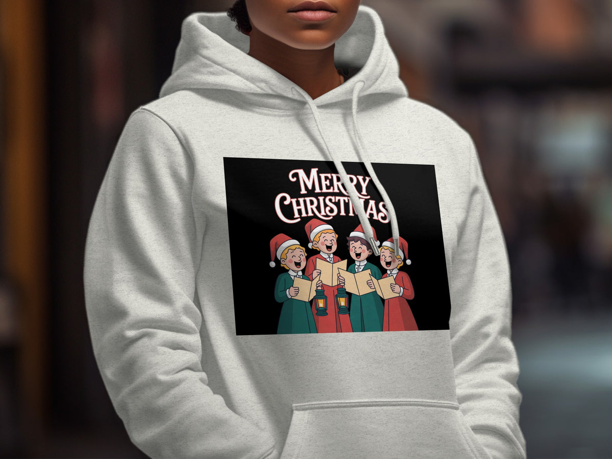 Four carolers wearing Santa hats hold songbooks and lanterns, with "Merry Christmas" text.