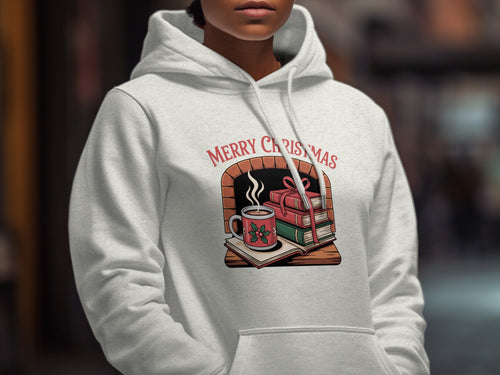 Light grey hoodie with a fireplace graphic and "Merry Christmas" text.
