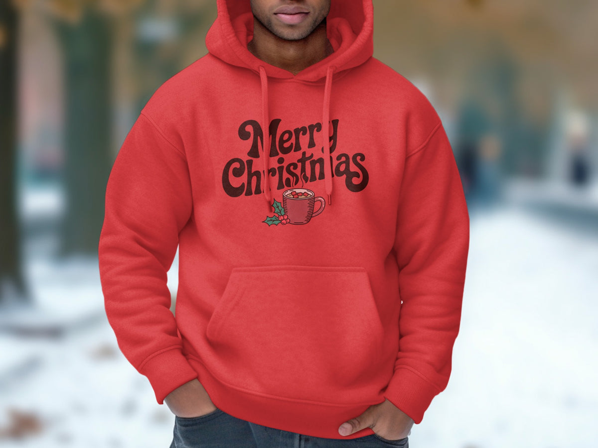 Red hoodie with "Merry Christmas" text and a mug of hot chocolate.