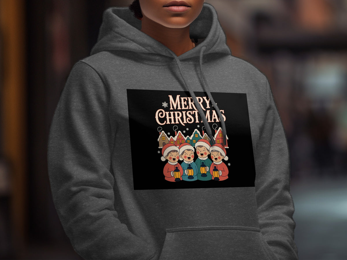 Christmas carolers holding lanterns in front of houses with "Merry Christmas" text.