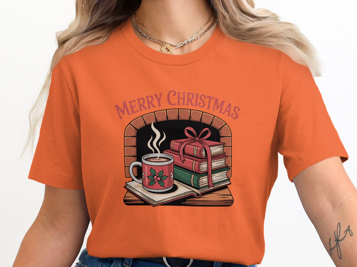 Merry Christmas text above fireplace with books and hot cocoa.