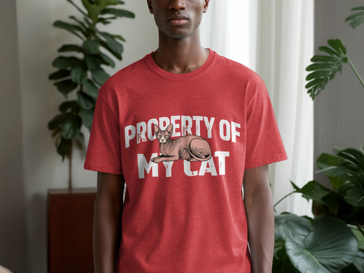 Red t-shirt with "Property of My Cat" text and a Sphynx cat illustration.