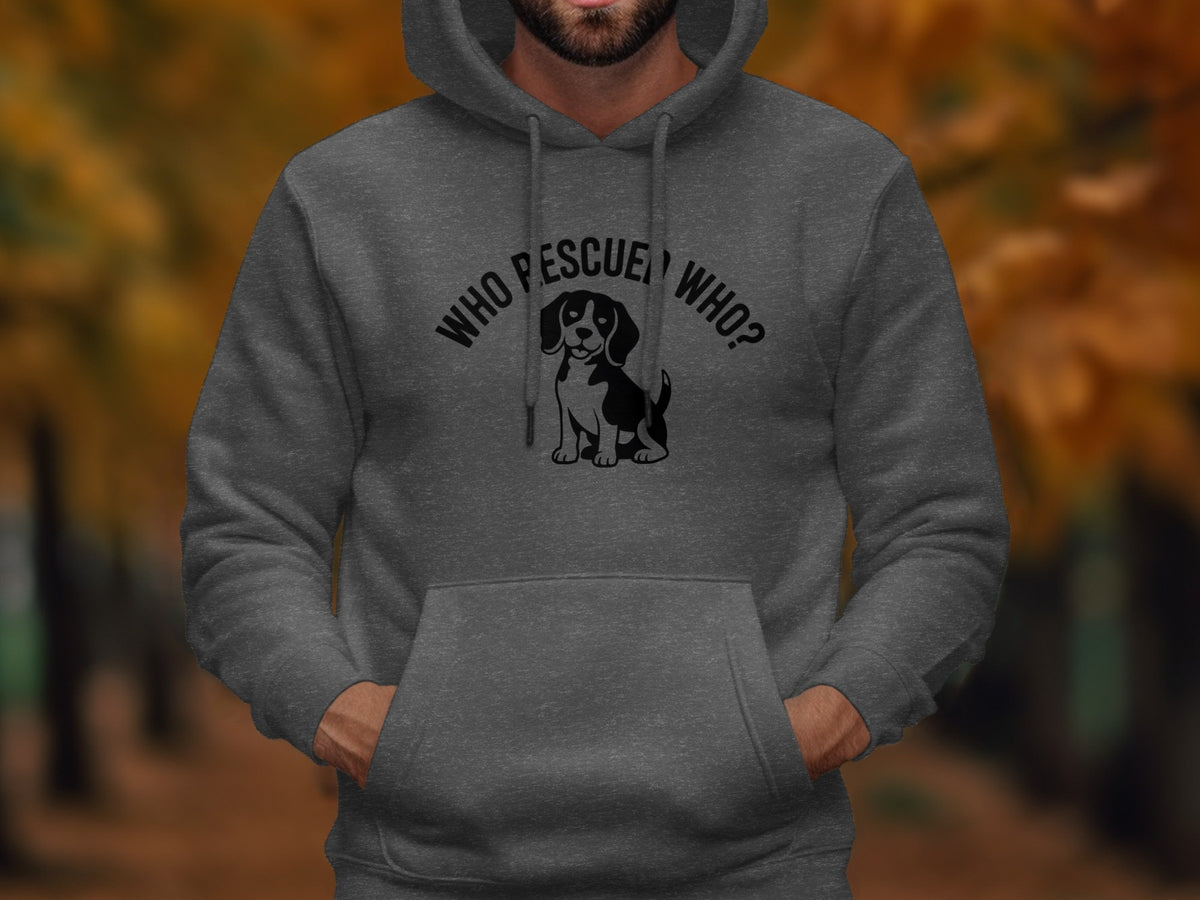 Dark grey hoodie with a beagle and text "WHO RESCUE WHO?".