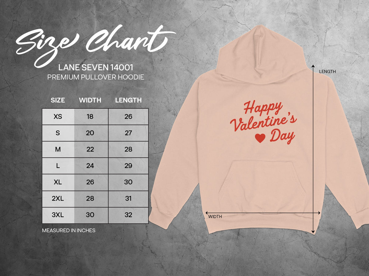 Lane Seven 14001 hoodie size chart with width and length measurements in inches.