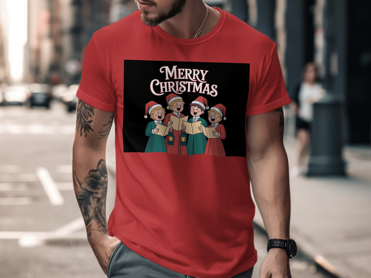 Red t-shirt with a "Merry Christmas" graphic featuring four carolers.