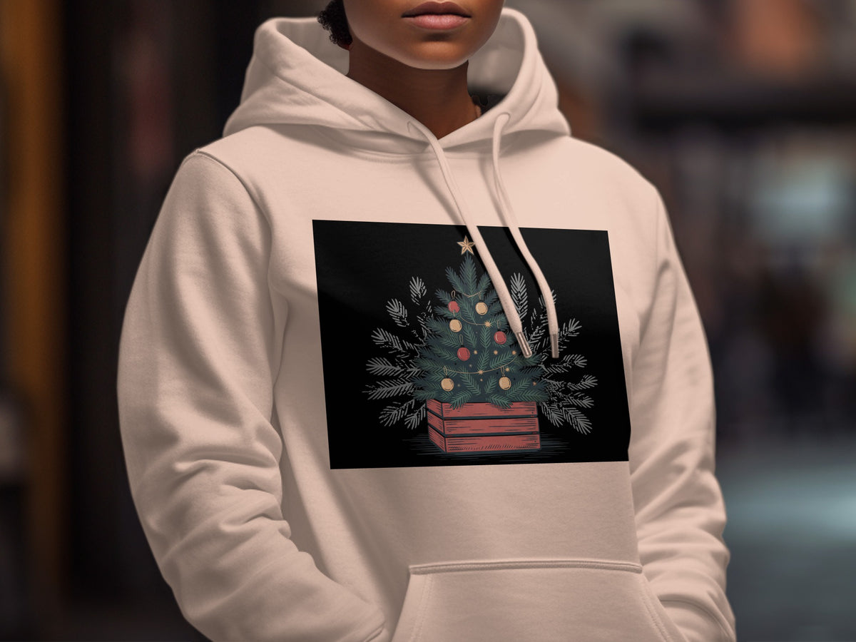 A person wearing an off-white hoodie featuring a graphic of a decorated Christmas tree in a crate.