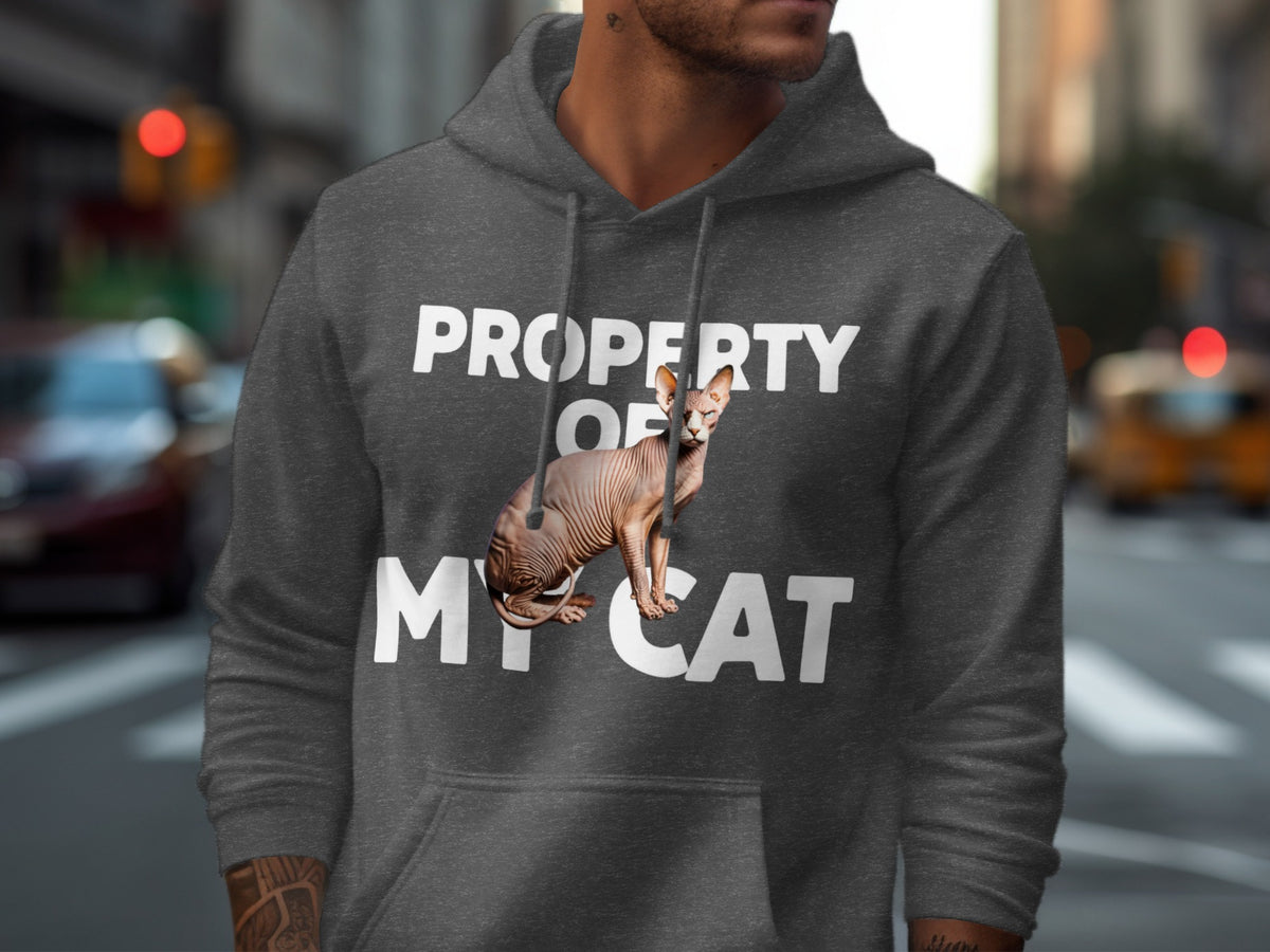 Dark grey hoodie with "PROPERTY OF MY CAT" text and a Sphynx cat graphic.