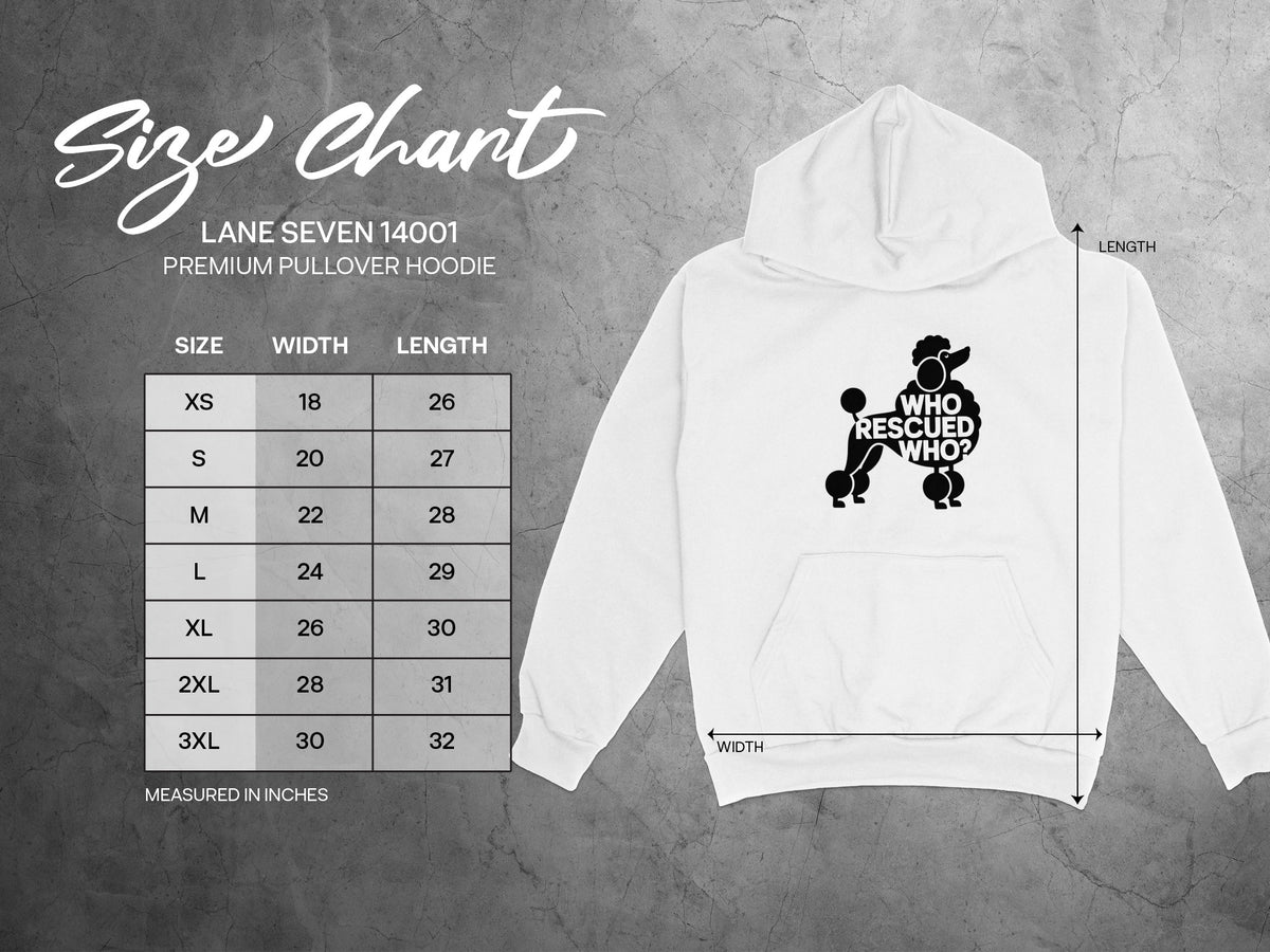 Lane Seven 14001 hoodie size chart with width and length measurements in inches.