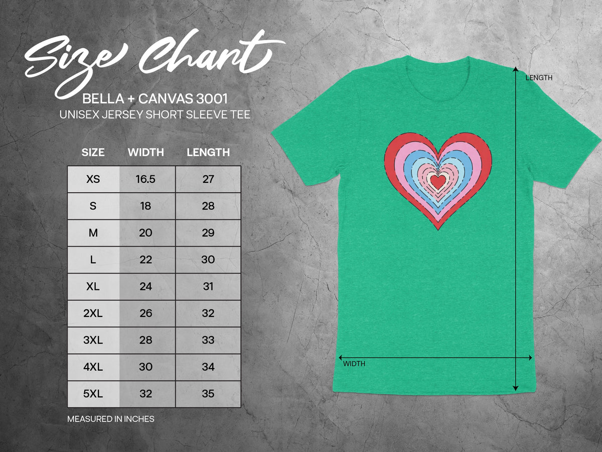 Bella + Canvas 3001 unisex tee size chart with measurements for width and length.
