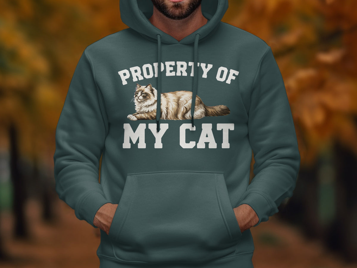 Green hoodie featuring a fluffy cat illustration and text "PROPERTY OF MY CAT".