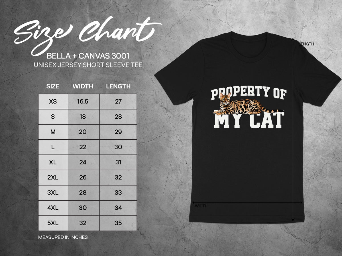 Size chart for Bella + Canvas 3001 unisex tee with tiger graphic.