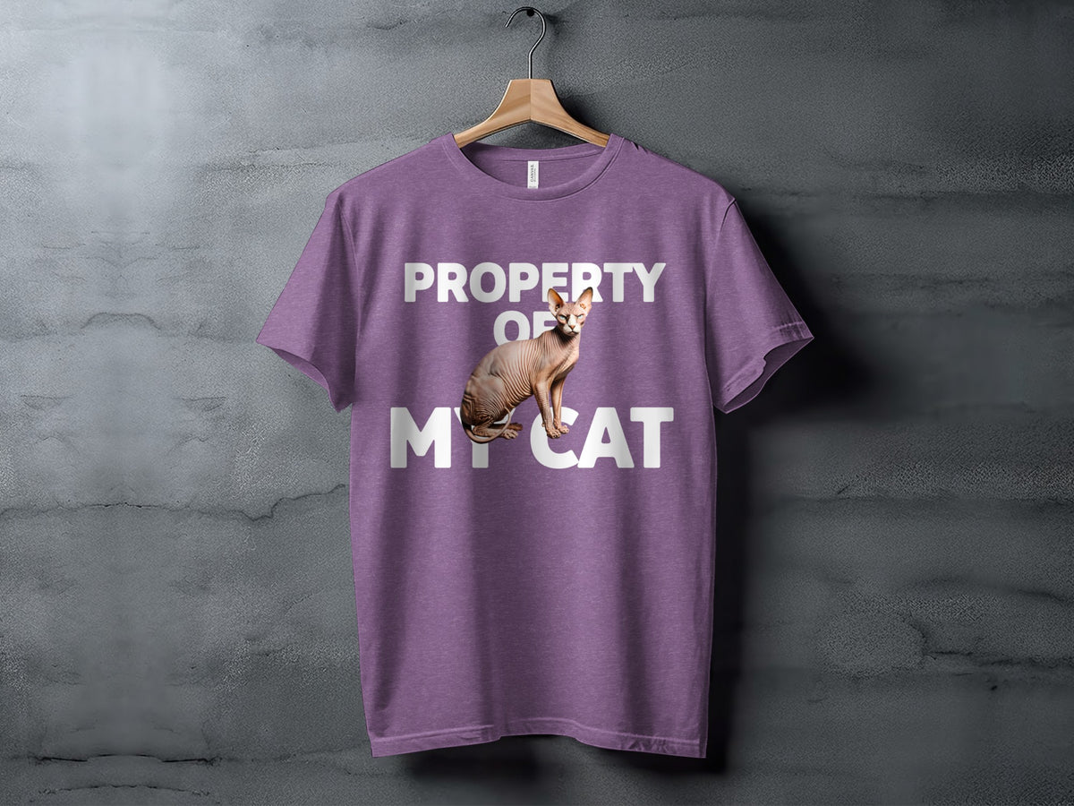 Purple t-shirt with "PROPERTY OF MY CAT" and a Sphynx cat graphic.