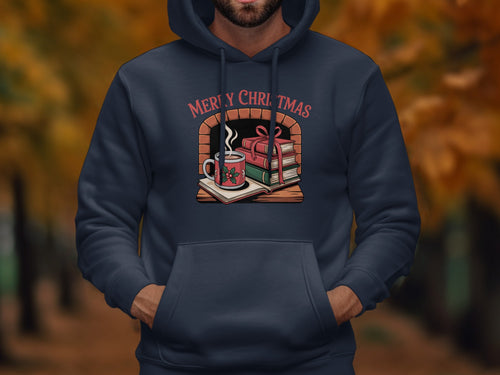 Dark navy hoodie with "Merry Christmas" text and fireplace graphic.