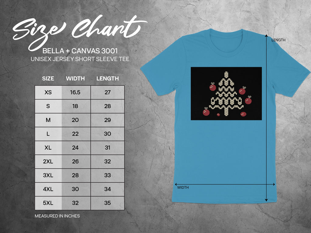 Size chart for Bella + Canvas 3001 unisex jersey short sleeve tee.