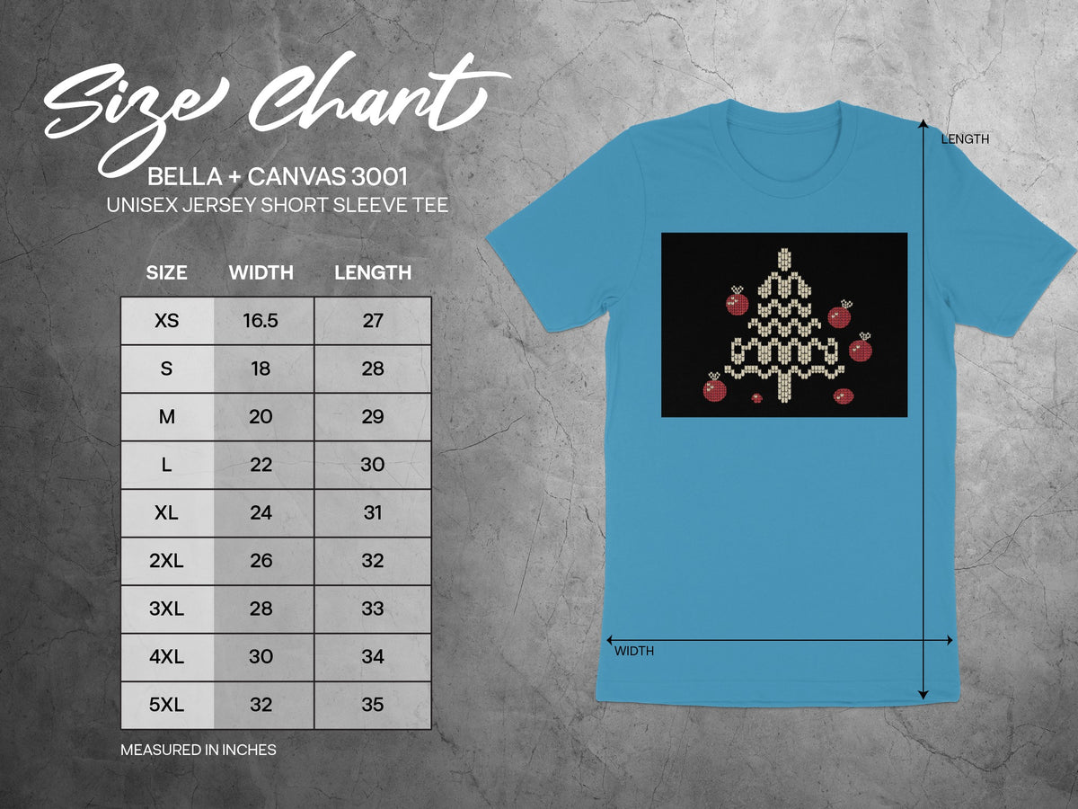 Size chart for Bella + Canvas 3001 unisex jersey short sleeve tee.