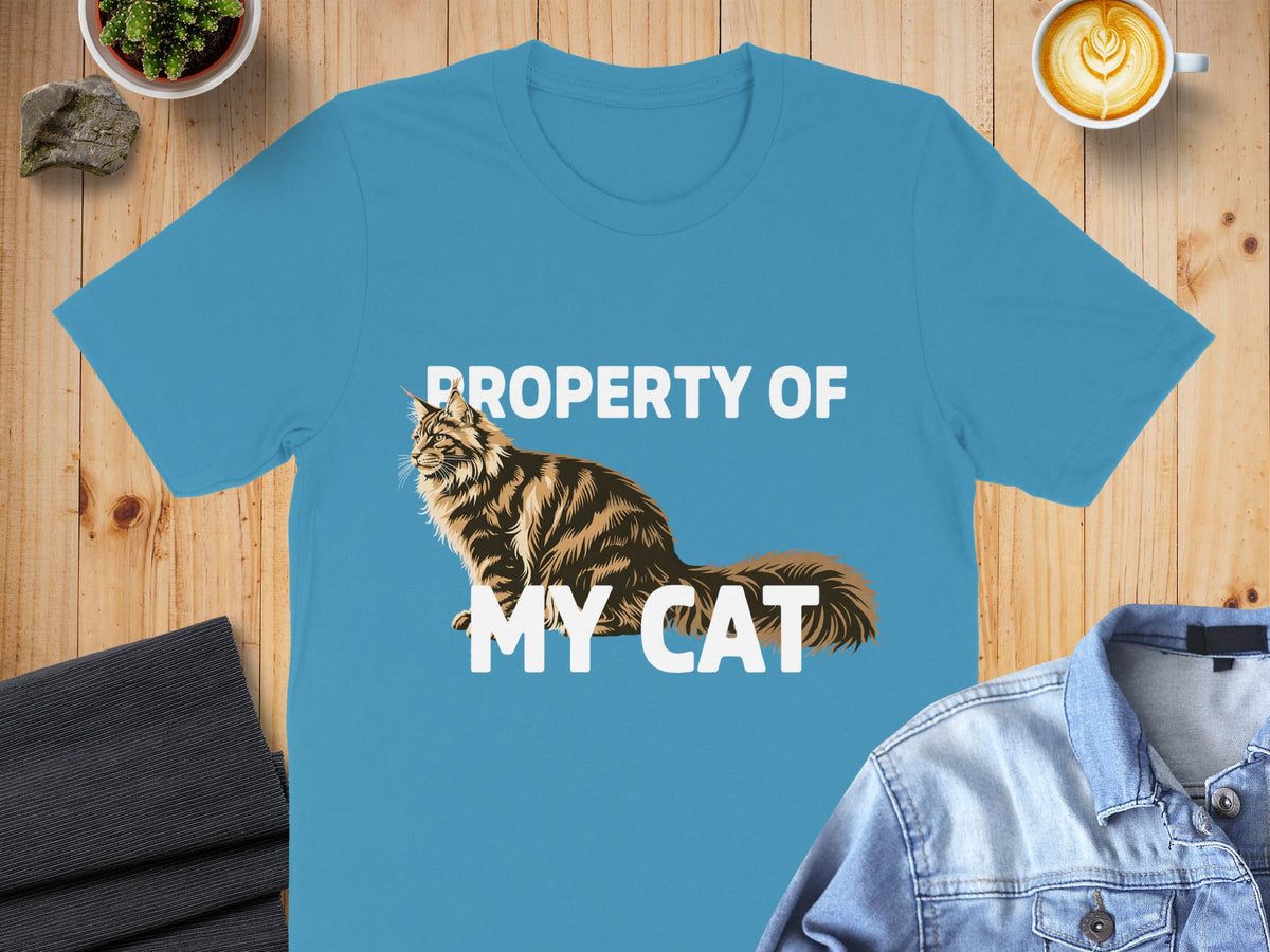 Blue t-shirt with "PROPERTY OF MY CAT" and a Maine Coon cat graphic.