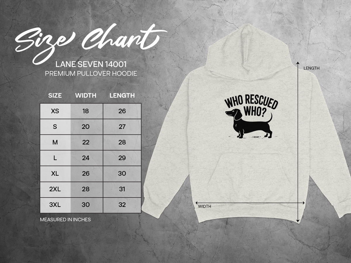 Lane Seven 14001 Premium Pullover Hoodie size chart with measurements in inches.