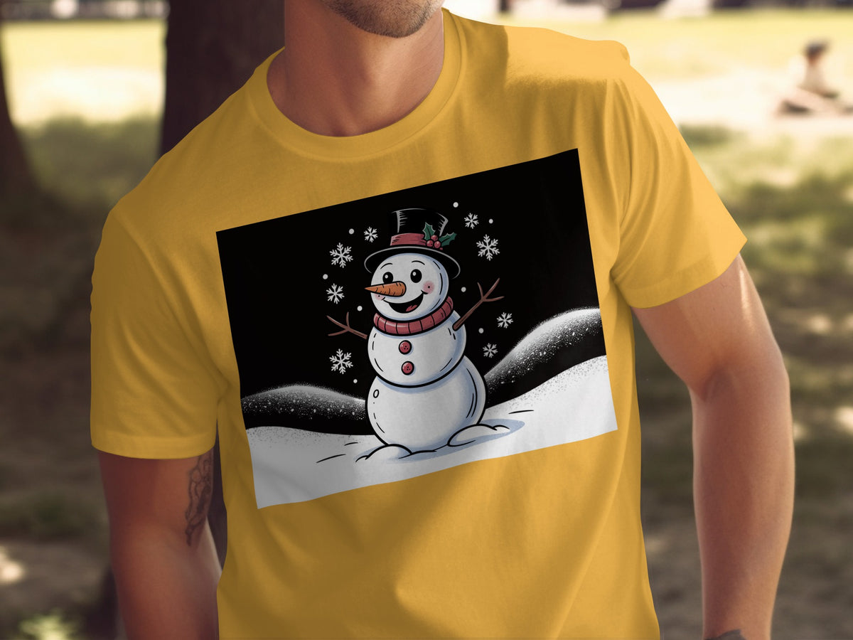 Yellow t-shirt with a graphic of a smiling snowman wearing a hat and scarf.