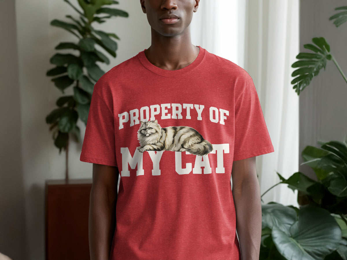 Red t-shirt with "PROPERTY OF MY CAT" text and a cat graphic.