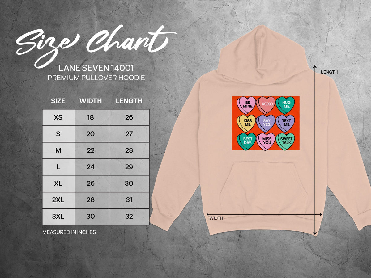 Size chart for Lane Seven 14001 premium pullover hoodie, with measurements in inches.