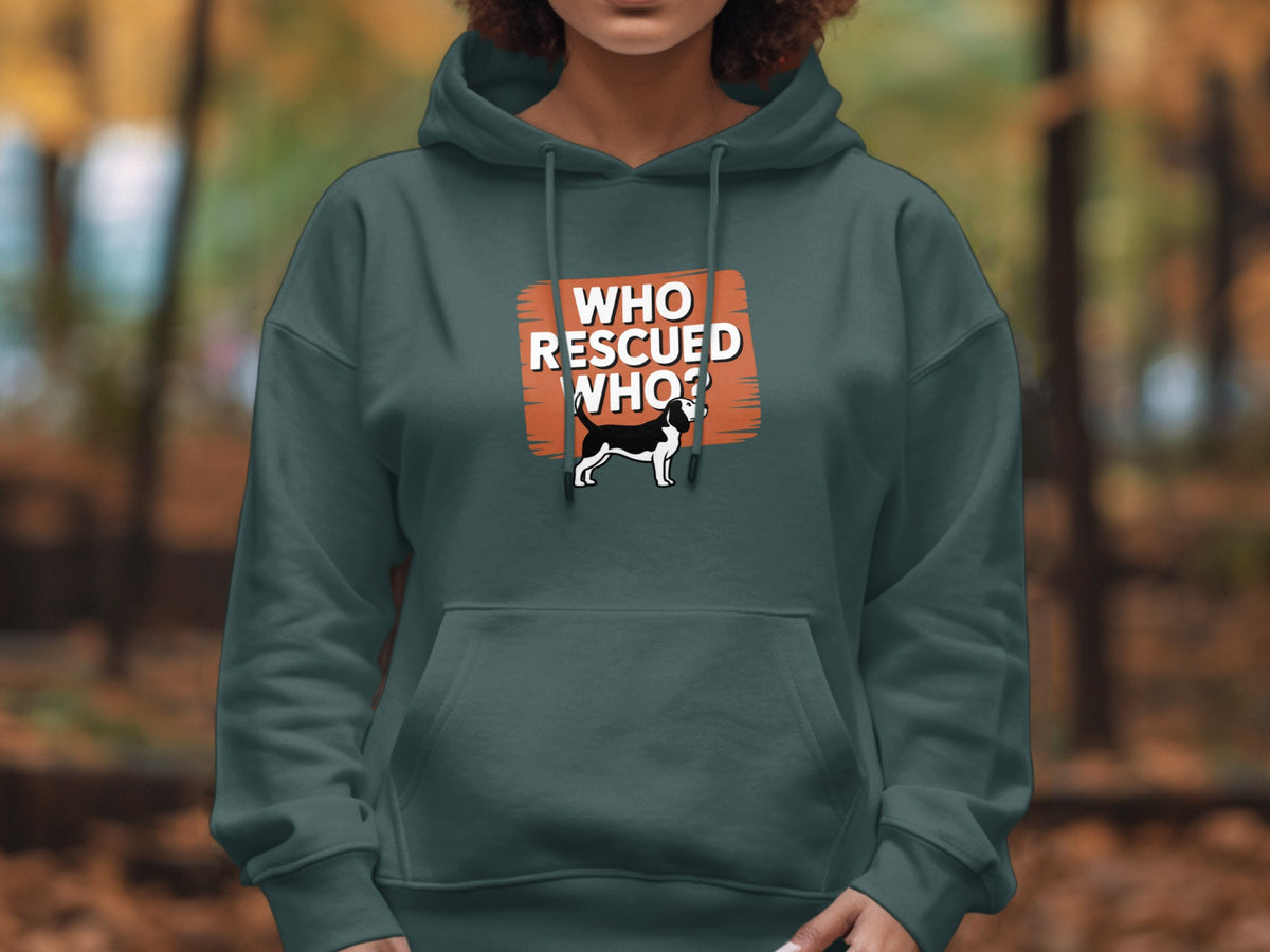 Hoodie with "Who Rescued Who?" text and a beagle illustration.