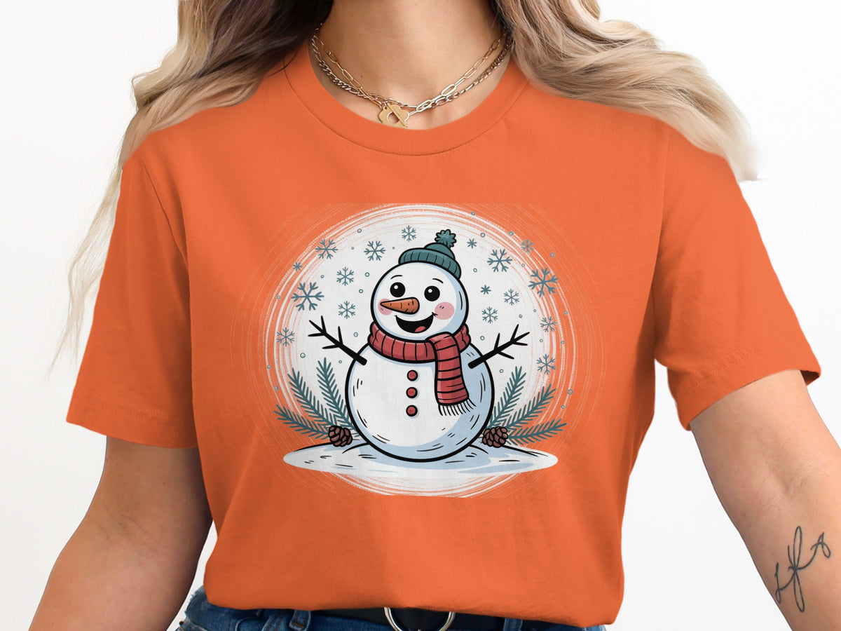 Happy snowman wearing a scarf and hat surrounded by snowflakes and pine branches.