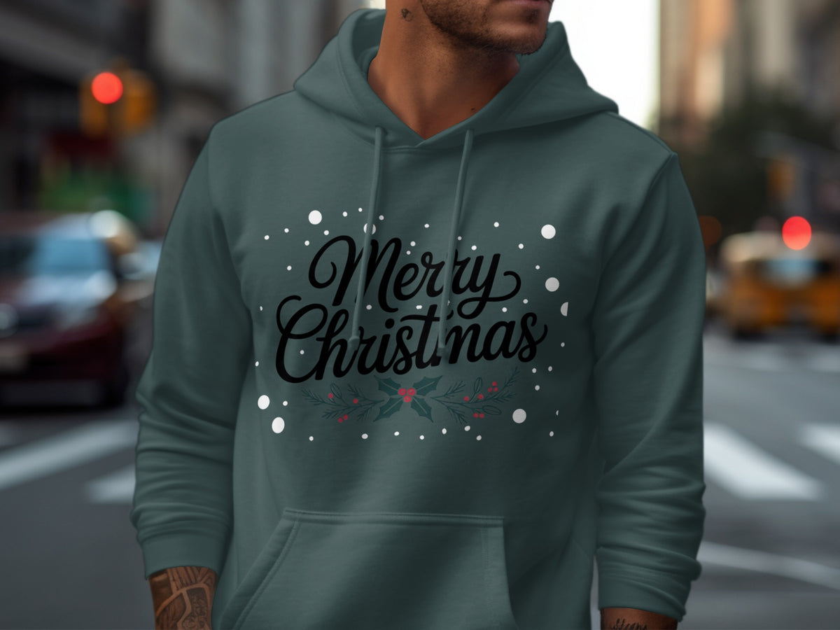 Dark green hoodie with "Merry Christmas" text and festive holly design.