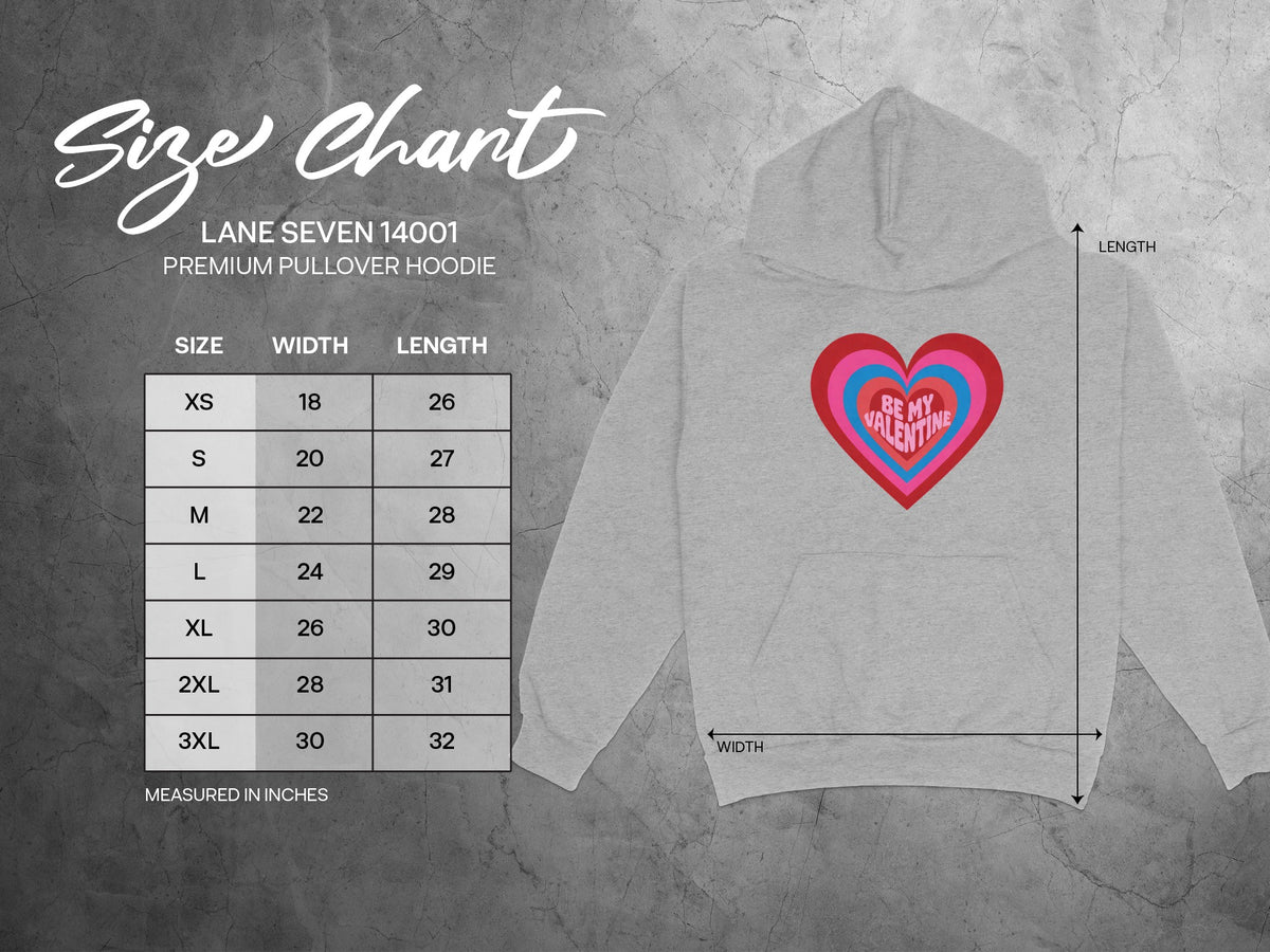 Lane Seven 14001 premium pullover hoodie size chart with measurements in inches.