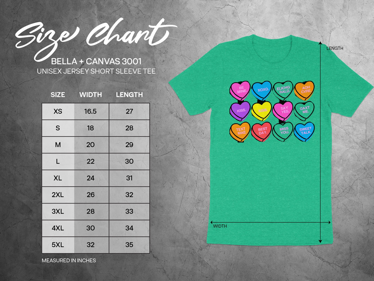 Bella + Canvas 3001 unisex tee size chart with width and length measurements.