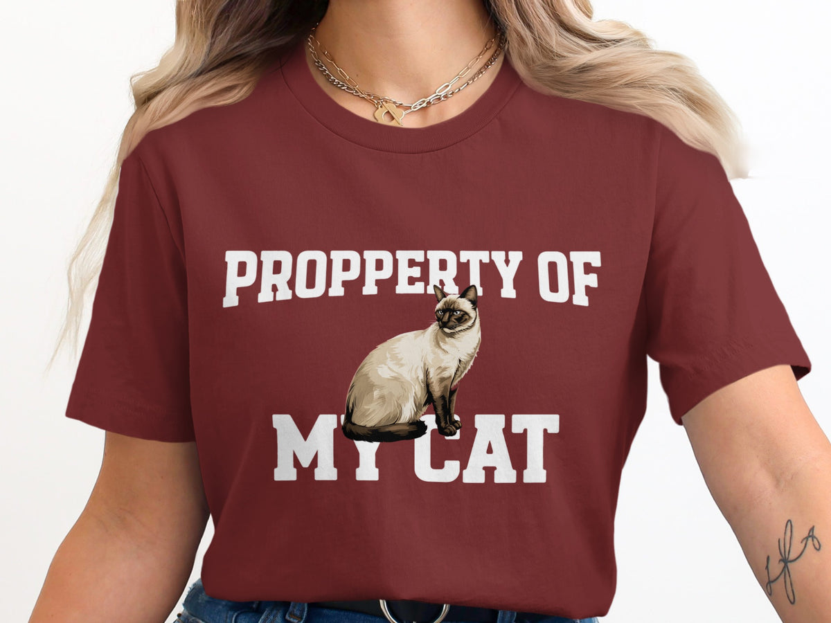 Maroon t-shirt with a Siamese cat and text: "PROPERRTY OF MY CAT"