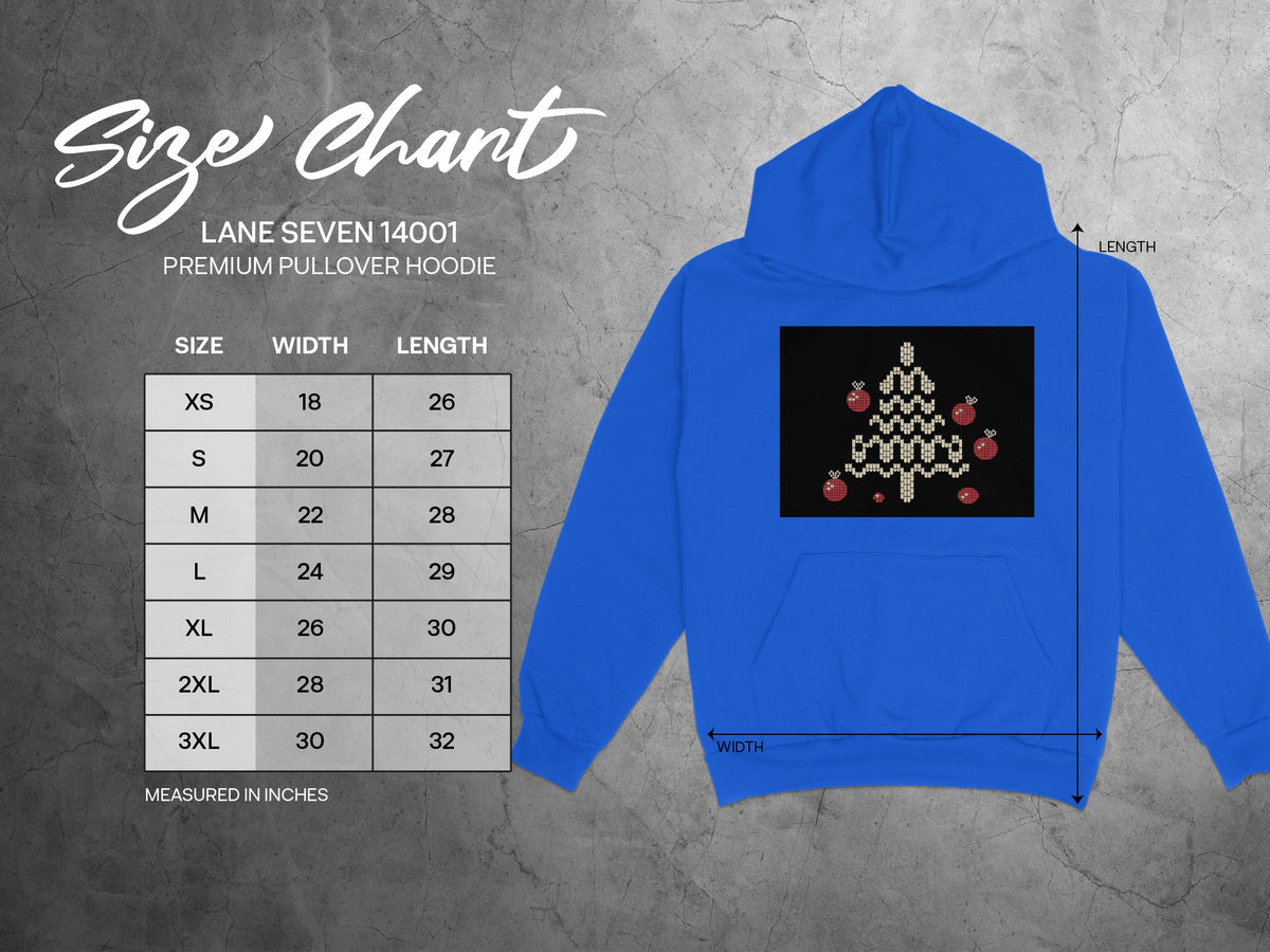 Lane Seven 14001 premium pullover hoodie size chart with measurements in inches.