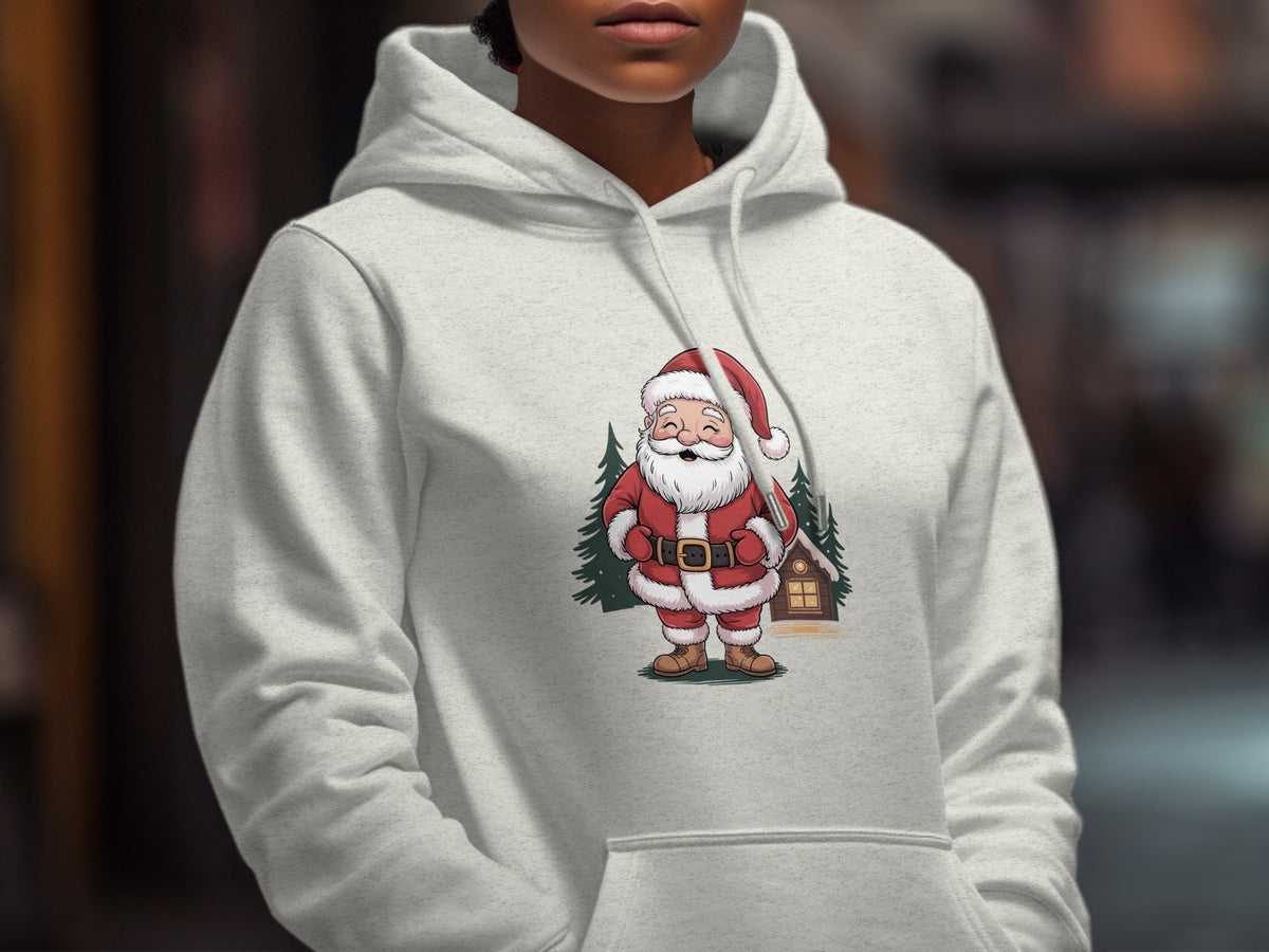 A person wearing a light gray hoodie printed with a cartoon Santa Claus graphic.