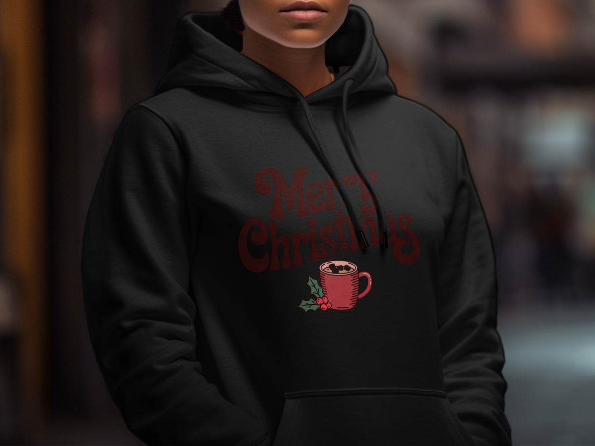 Black hoodie with "Merry Christmas" text and a hot cocoa mug graphic.