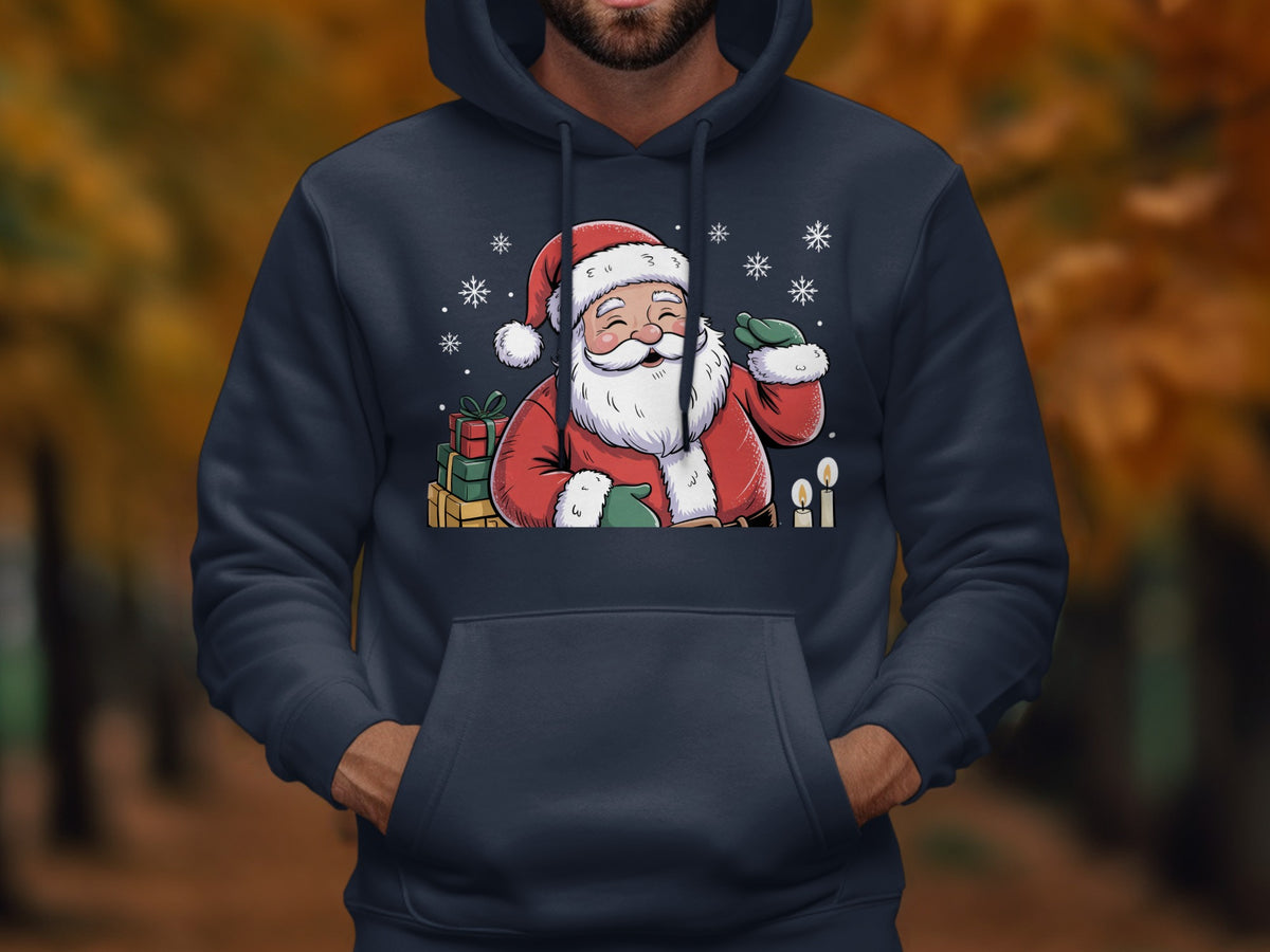A man wearing a dark blue hoodie printed with a cartoon Santa Claus graphic.