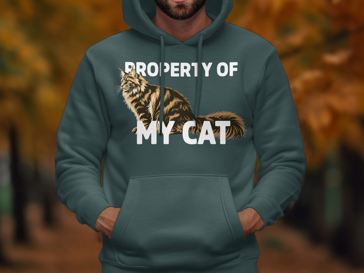 Dark teal hoodie with "PROPERTY OF MY CAT" and a cat illustration.