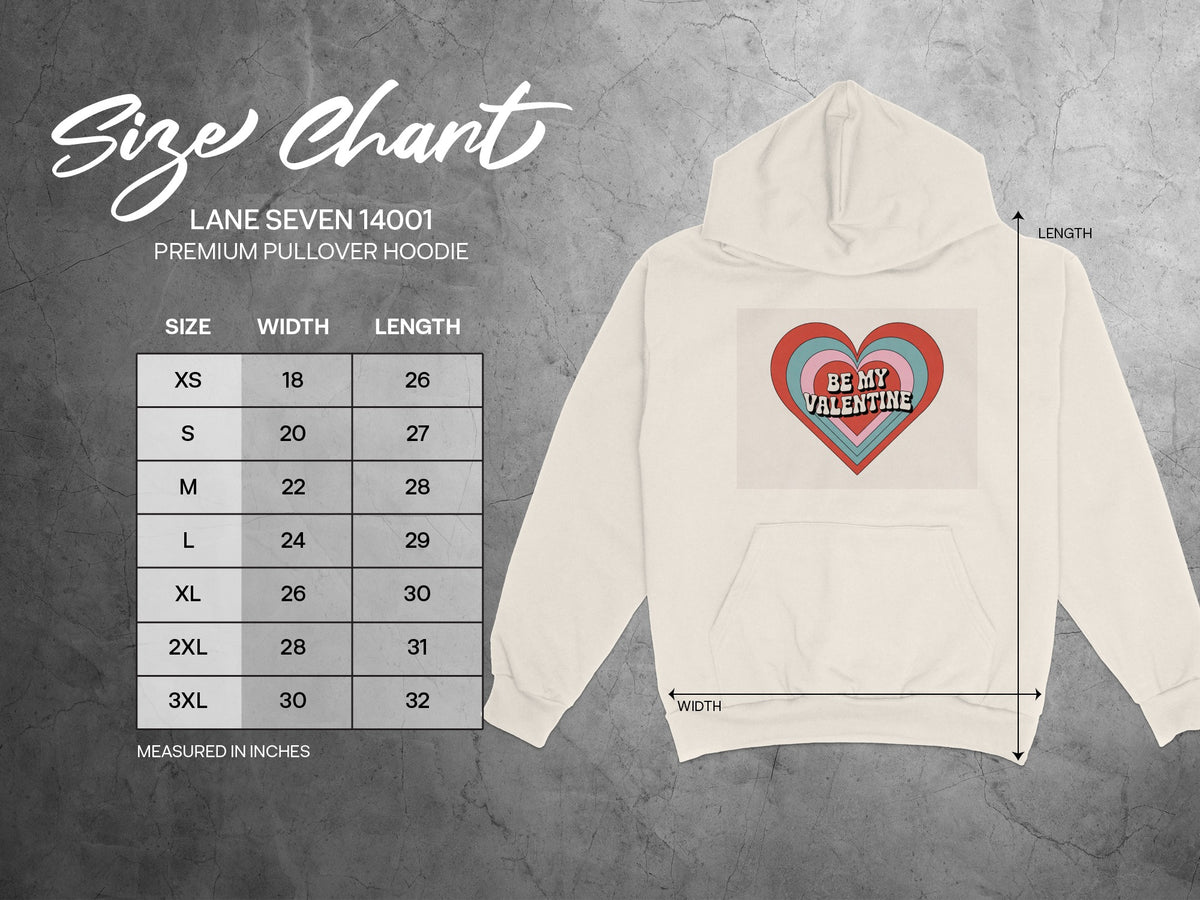 Lane Seven 14001 premium pullover hoodie size chart with measurements in inches.