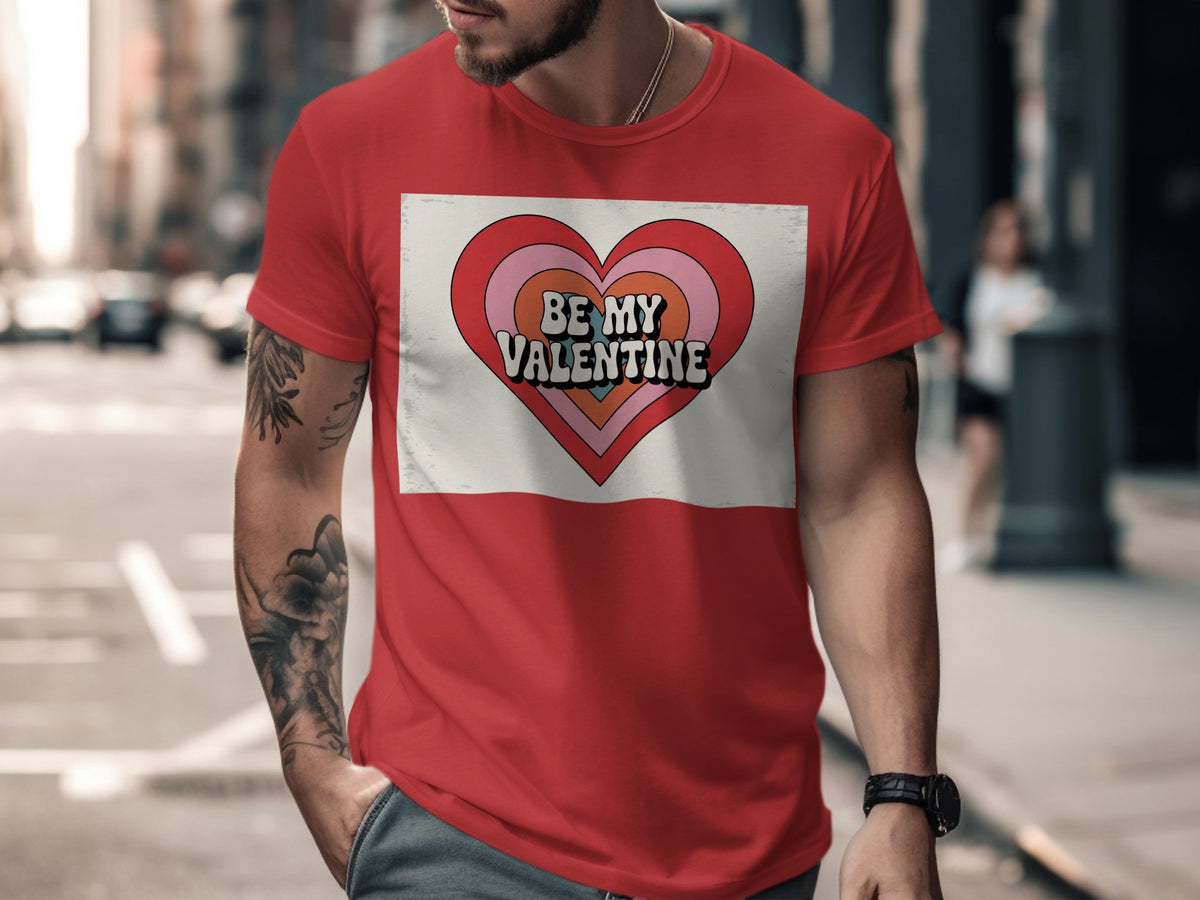 Red t-shirt with "BE MY VALENTINE" text inside a retro heart graphic.