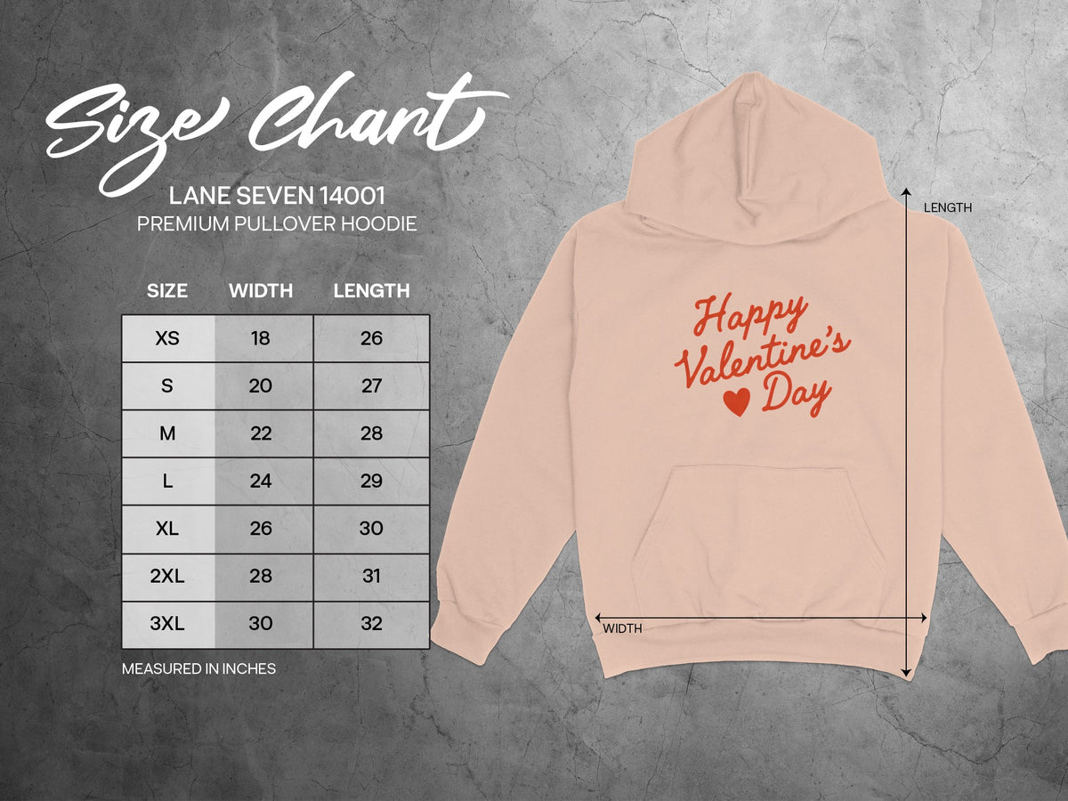 Lane Seven 14001 premium pullover hoodie size chart with measurements in inches.