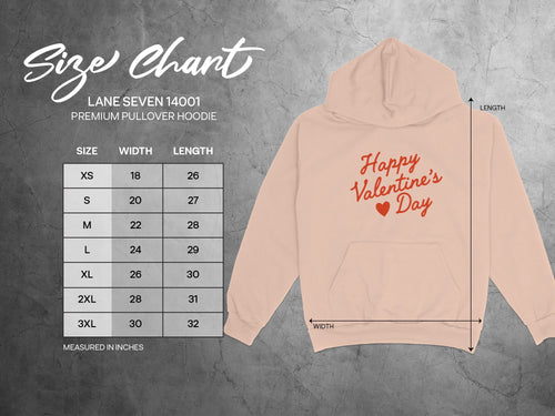 Lane Seven 14001 premium pullover hoodie size chart with measurements in inches.