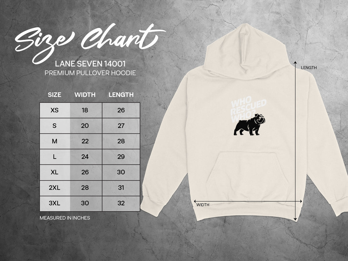 Lane Seven 14001 premium pullover hoodie size chart with width and length measurements.