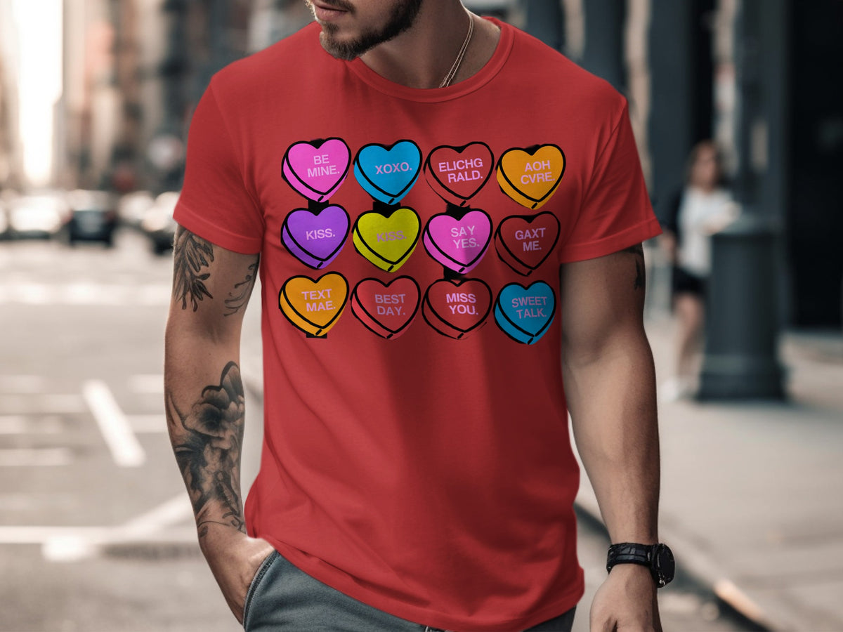 A man wearing a red t-shirt printed with a grid of colorful conversation hearts.