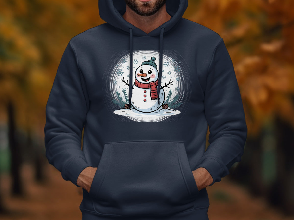 A snowman wearing a scarf and hat on a dark blue hoodie.
