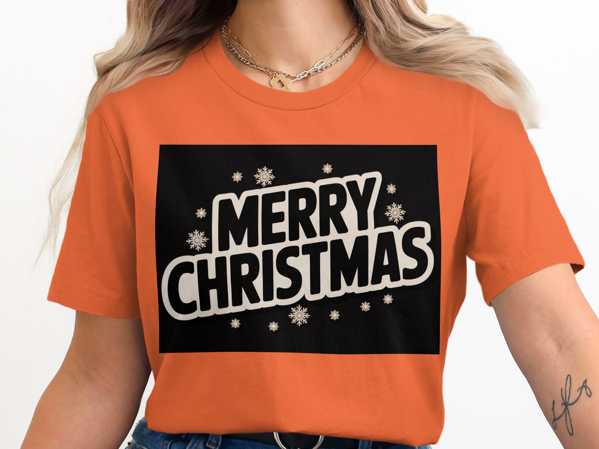 Orange t-shirt with "MERRY CHRISTMAS" text and snowflakes.