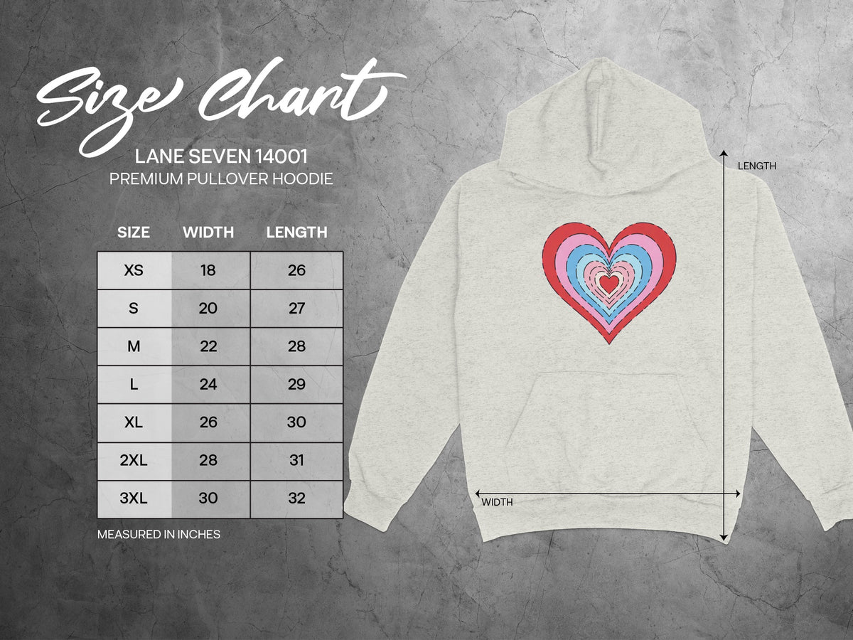 Size chart for Lane Seven 14001 premium pullover hoodie with chest width and length measurements.