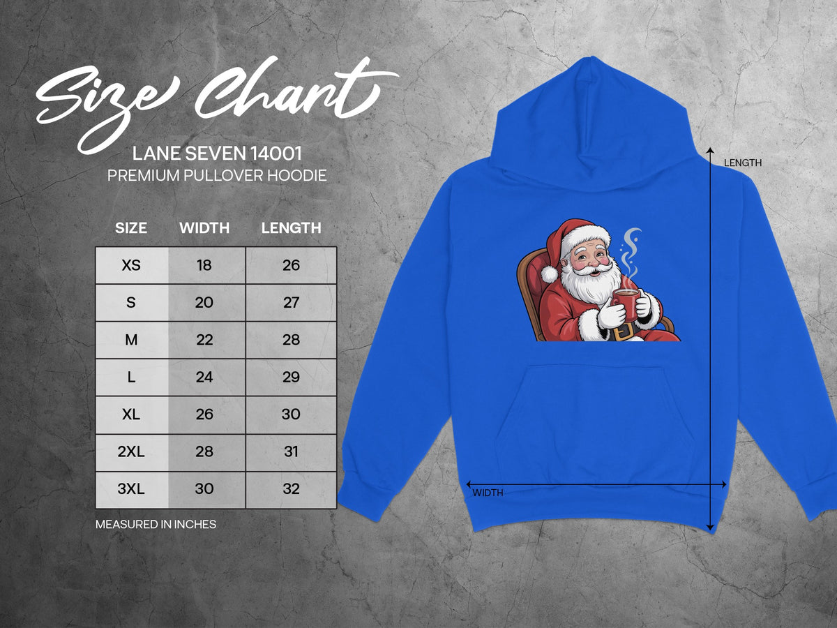 Lane Seven 14001 premium pullover hoodie size chart in inches.